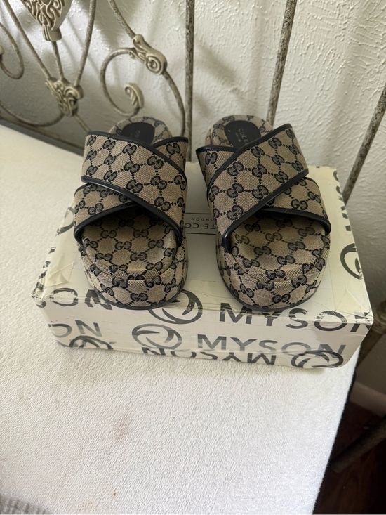 Gucci Shoes - Excellent Preowned Condition Authentic Gucci Monogram Cross-Strap Wedge Slides